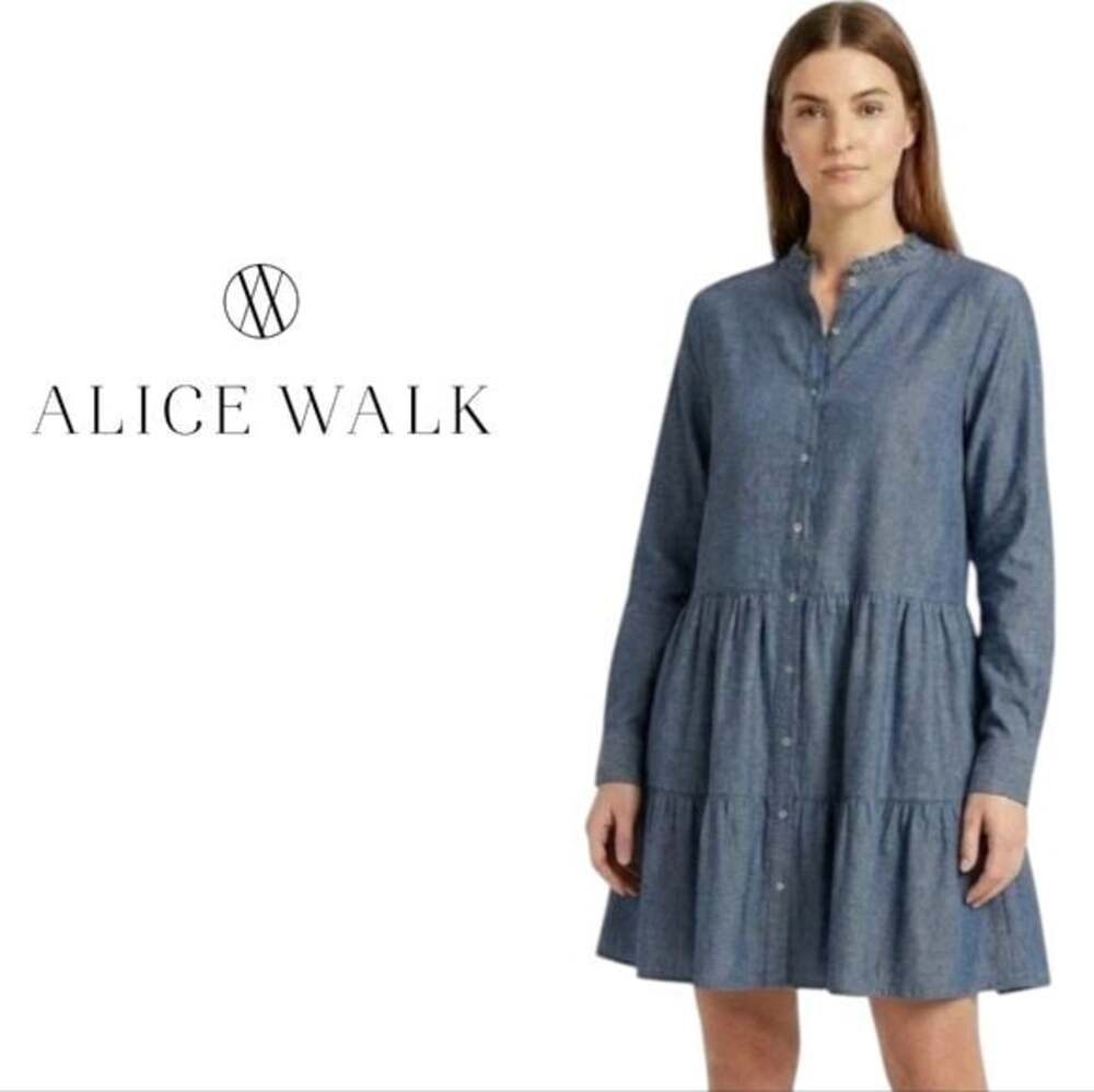 New Alice Walk Band Collar Long Sleeve Linen Tiered Chambray Cottagecore Dress L